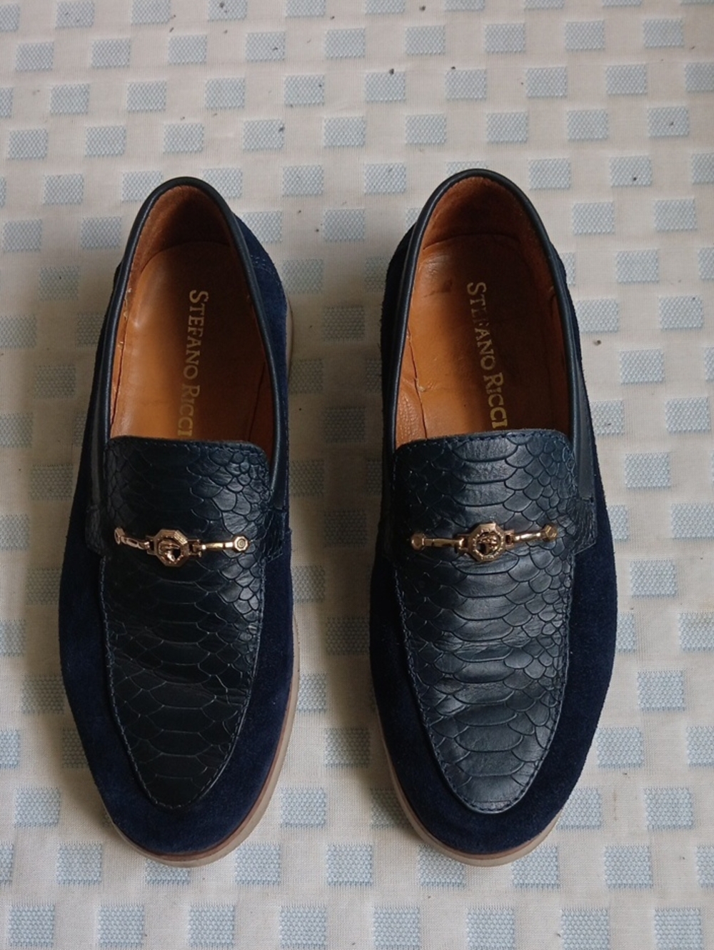 Stefano Ricci Navy Leather & Suede Loafers with Gold Bit